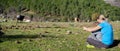 Panoramic of a woman and son sitting near cows grazing in a green meadow. Royalty Free Stock Photo