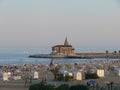 A panoramic view of madonna dell angelo church and lighthouse bell tower at caorle venice italy city beach