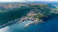 Panoramica dall`alto Santa Maria la Scala e Timpa di Acireale vista aerea dall`alto su Santa Maria la scala con mare e cielo blu