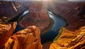 Panoramicview of the Arizona deserts. Grand canyon. Sunrise shot of Horseshoe Bend, Page, Arizona.