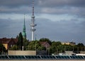 Panoramiv view of Hamburg cityscape from the River Elbe docklands in Hamburg, Germany