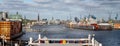 Panoramiv view of Hamburg cityscape from the River Elbe docklands in Hamburg, Germany