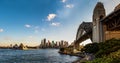 Panoramic view of the Sydney Harbour Bridge, the skyline of the city and the opera house with a beautiful blue sky Royalty Free Stock Photo