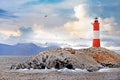 Panormaic view of the Les Eclaireurs Lighthouse, on the Beagle Channel in Ushuaia, Tierra del Fuego, surrounded by a