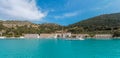 Panormitis monastery and bay panorama, Simi island, Greece Royalty Free Stock Photo