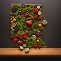 Panos of various vegetables, fruits and berries. Still life.
