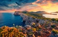 Panotamic view of Caccia cape. Astonishing spring sunrise on Sardinia island, Italy, Europe. Attractive morning seascape of Medite