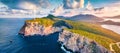 Panotamic view from flying drone. Great sunrise on Caccia cape. Breathtaking spring scene of Sardinia island, Italy, Europe. Fanta