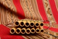 Panpipes from South America with focus on foreground Royalty Free Stock Photo