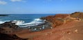 Panramic Volcanic Landscape of El Golfo Lanzarote beach and small boats.