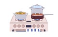 Pans, pots on gas stove. Cook stewpots, saucepans, skillets with cooking dishes, meals on cooker. Cookware with