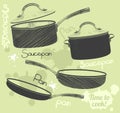 Pans and pots realistic set with frying pan saucepan and bowl