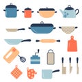 Pans pots and saucepans. Kitchen pan objects, cartoon kitchenware tools collection for cooking