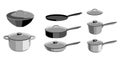 Pans pots and saucepans. Kitchen pan objects, kitchenware tools collection for cooking. Elements for boiling and frying