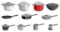 Pans pots and saucepans. Kitchen pan objects, kitchenware tools collection for cooking. Elements for boiling and frying