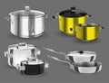 Pans pots and saucepans. Kitchen pan objects, realistic kitchenware tools collection for cooking, vector illustration of Royalty Free Stock Photo