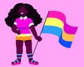 Pansexual black woman holding pansexuality pride flag