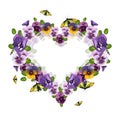 Pansies and black and yellow butterflies. flying insects and purple summer flowers. Ready heart shaped template