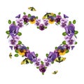 Pansies and black and yellow butterflies. flying insects and purple summer flowers. Ready heart shaped template