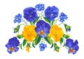 Floral vector composition. Realistic yellow and blue pansies isolated on white background.
