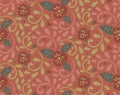 Pansies flower on red background. Seamless pattern. Vector floral bright pattern for wrapping paper, fabric, cloth