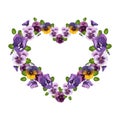 Pansies. Purple summer flowers in the shape of a heart. Watercolor illustration on isolated background.