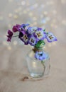 Pansy flowers with water drops in a glass vase and a gray blurred background with blue, yellow bokeh. Shallow depth of Royalty Free Stock Photo