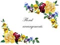 Pansy and roses watercolor curved corner garland  elements with leaves and blossoming flowers Royalty Free Stock Photo