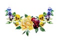 Pansy and roses watercolor curved garland blue, yellow and dark red flowers Royalty Free Stock Photo