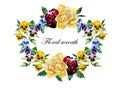 Pansy and roses watercolor curved garland wreath with leaves and blossoming flowers blue, yellow and dark red color Royalty Free Stock Photo