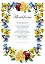 Pansy and roses watercolor page garland frame with flowers blue, yellow and dark red color Royalty Free Stock Photo