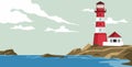 Lighthouse on island in flat style. Coastline landscape with beacon. Faros on the beach,