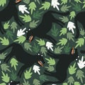 Colorful seamless pattern with pantera, leaves. Decorative cute background with funny animals, garden