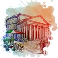 Pantheon Basilica in Rome, Italy. Vintage design. Linear sketch on a watercolor textured background