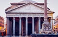 Pantheon, former Roman temple of all gods, now a church, and Fountain with obelisk at Piazza della Rotonda. Rome, Italy Royalty Free Stock Photo