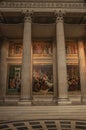 Pantheon inside view with high ceiling, columns, statues and paintings richly decorated in Paris. Royalty Free Stock Photo