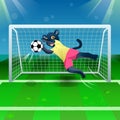The panther as a goalkeeper catching the soccer ball near gates on the field