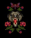 Panther, butterfly and flowers embroidery patch for textile design.