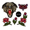 Panther, butterfly and flowers embroidery patch for textile design.