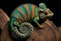 Panther chameleon walking on spiral wood with a black background