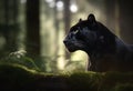 Panther close-up, photography of a Panther in a forest. A black jaguar walking through a jungle stream with green plants and trees