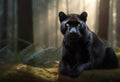 Panther close-up, photography of a Panther in a forest. A black jaguar walking through a jungle stream with green plants and trees