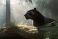 Panther close-up, photography of a Panther in a forest. A black jaguar walking through a jungle stream with green plants and trees