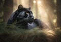 Panther close-up, photography of a Panther in a forest. A black jaguar walking through a jungle stream with green plants and trees