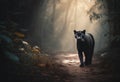 Panther close-up, photography of a Panther in a forest front of waterfall. A black jaguar walking through a jungle stream with