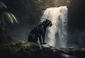 Panther close-up, photography of a Panther in a forest front of waterfall. A black jaguar walking through a jungle stream with