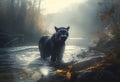 Panther close-up, photography of a Panther in a river. A black jaguar walking through a jungle stream with green plants and trees Royalty Free Stock Photo