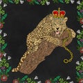 Panther and crown sitting on the trunk with colors and pop art background black