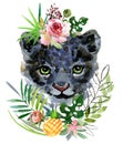 Panther cub. wild animals watercolor illustration Royalty Free Stock Photo
