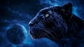 panther with eyes that reflect the cosmos, set against a moonlit backdrop with swirling galaxies.